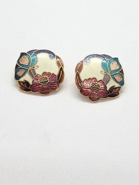 Vintage Cloisonné Enamel Butterfly & Lotus Flower Stud Earrings